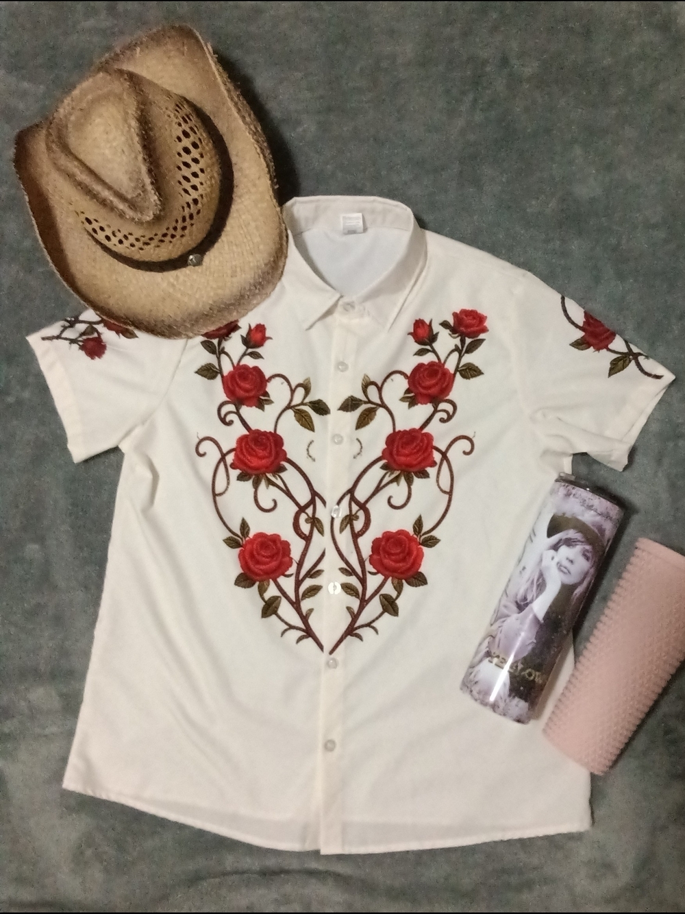 Western Romantic Bundle VTG Cream Roses Blouse L Yellowstone Tumbler Cowgirl Hat